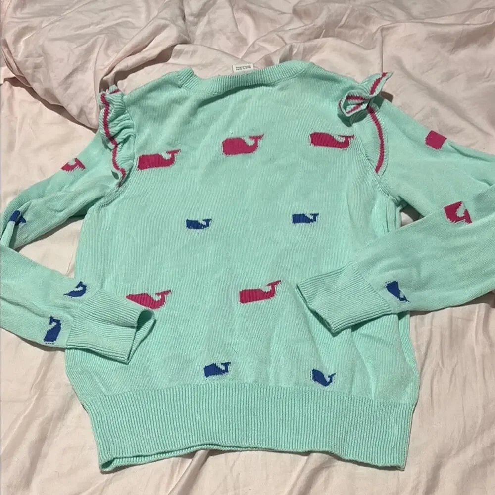 Vineyard Vines S 7/8 Green Crew Neck Sweater with Pink Whale Pattern nwot - Picture 4 of 4